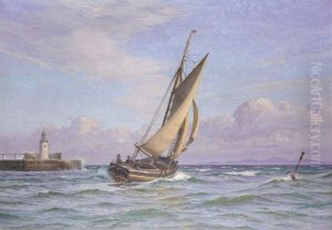 Sejlskib runder et havnefyr. Sejlskib runder et havnefyr.