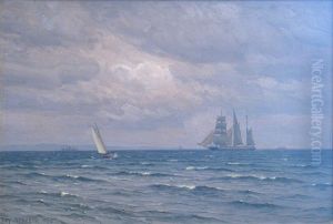 Sailing ships and steamships near a coast.