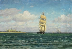 The Sound, with Castle Kronborg to the left, on a windy day. by Vilhelm Arnesen