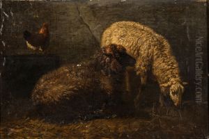 Two sheep and a hen in a stable