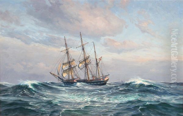 Seascape with sailing ship in high waves. - view 1