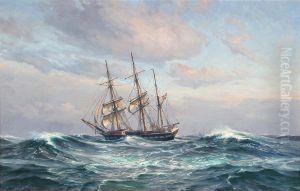 Seascape with sailing ship in high waves. by Vilhelm Arnesen
