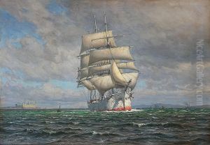 Seascape with a sailing ship and Kronborg Castle in the background.