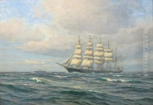 The training vessel "Kobenhavn" with a steamship on the horizon.