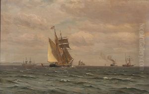 Seascape with sailing ships and a steamer.