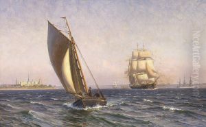 Sailing ships off Kronborg on a summer day. by Vilhelm Arnesen
