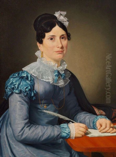 Portraet af Sarah Wolff f. Cruttendon siddende i bla kjole, skrivende et brev - view 1