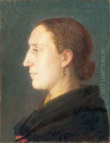 A portrait of a woman sitting en face to the right. - view 1