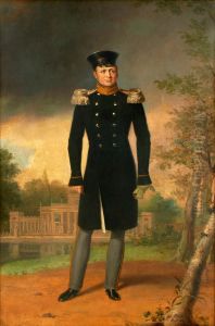 Portrait of Alexander I of Russia against the Palace on the Water in Warsaw.