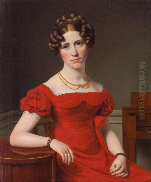 Portrait of Louise Christiane Fugl in a red dress with white lace, double necklace, brown hair taken up, 1826 - view 1