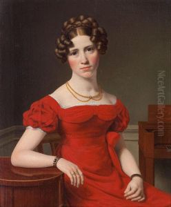 Portrait of Louise Christiane Fugl in a red dress with white lace, double necklace, brown hair taken up, 1826