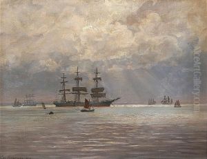 Marine med sejlskibe pa abent hav. by Vilhelm Arnesen
