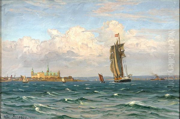 Sejlskib og faerge ud for Kronborg. - view 1
