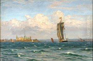 Sejlskib og faerge ud for Kronborg.