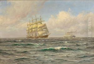 Et mode. Verdens storste sejlskib "Kobenhavn" moder verdens storste dampskib "Majestic" pa Atlanten. by Vilhelm Arnesen