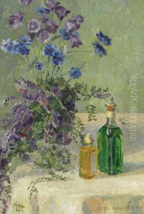 Opstilling med forskellige bla blomster og to flasker pa et bord by Gerda Wegener