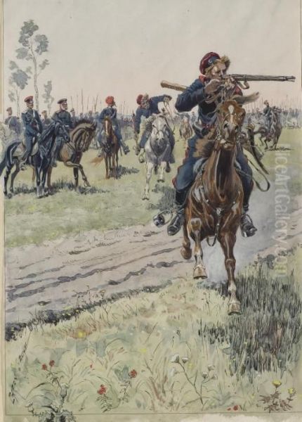 Un Cavalier Pret A Tirer, Des Officiers A Cheval A L'arriere-plan - view 1