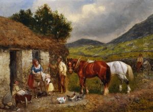 Figure, cavalli e anatre vicino a un cottage dal tetto di paglia