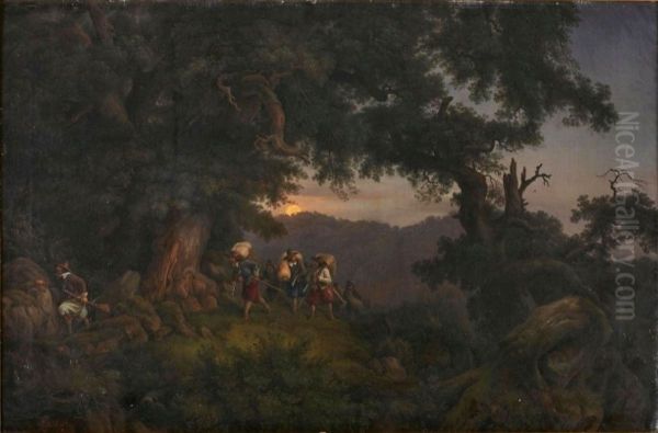 Mountain landscape in the moonlight with Italian soldiers - view 1
