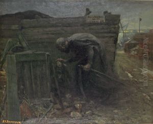 Nattescene med den fattige pige der trostes af manden med leen. by H. A. Brendekilde