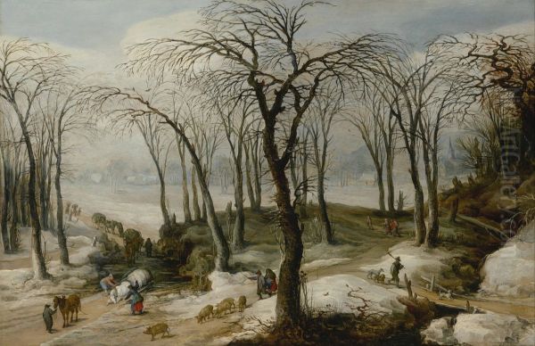 Winter landscape with an overturned horse-drawn cart, and figures driving a herd - view 1