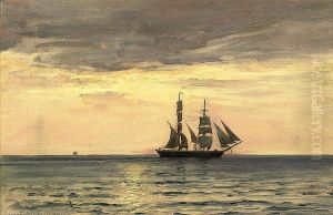A merchantman at dusk. by Vilhelm Arnesen