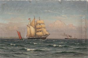 Seascape with ships on open sea. by Vilhelm Arnesen