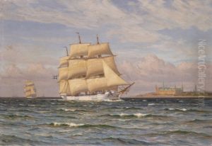 A Swedish fully rigged ship in the Sound off Kronborg Castle. by Vilhelm Arnesen