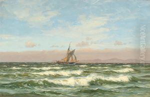 Marine med sejlskib ud for klippekyst. by Vilhelm Arnesen