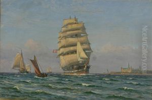 A fully rigged Danish ship along the coast of Kronborg Castle. by Vilhelm Arnesen