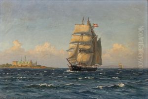 Marine med sejlskibe udfor Kronborg.