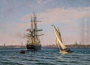 Gronlandsskibet Gustav Holm for indadgaende pa Kobenhavns rhed. by Vilhelm Arnesen