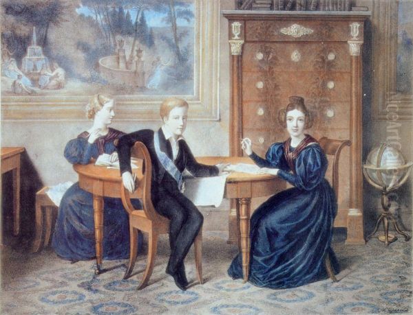 Emperor Pedro II of Brazil and his sisters Princesses Francisca and Januaria wearing mourning clothes due to their father's death. - view 1