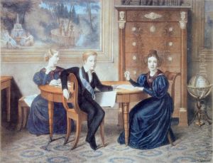 Emperor Pedro II of Brazil and his sisters Princesses Francisca and Januaria wearing mourning clothes due to their father's death. by Felix Taunay, Baron of Taunay