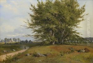Danish beech landscape with shepherds and church in the background by Anton Eduard Kieldrup