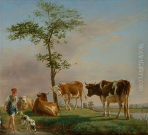 Cows in the pasture with shepherdess and a dog by Jean Baptiste Berre