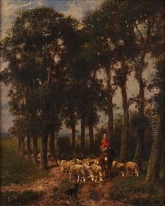 A figure on horseback with a flock of sheep and a dog by Edward Woutermaertens