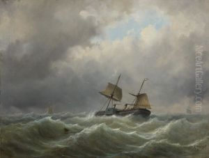 A paddle wheel steamer with auxiliary sail power on a stormy sea by Egide Linnig