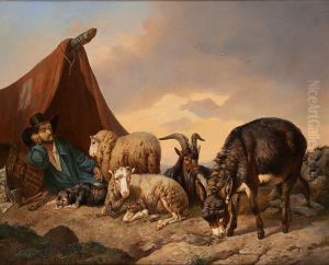 Shepherd, his dog and his sheep on a landscape background