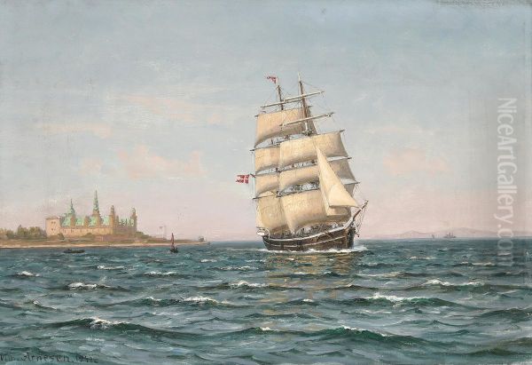The three masted barque Thorvaldsen off Kronborg Castle. - view 1