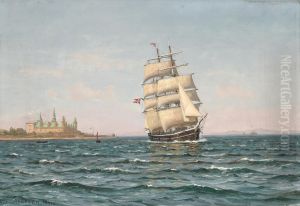 The three masted barque Thorvaldsen off Kronborg Castle. by Vilhelm Arnesen