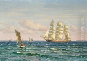 Marine med fuldrigger i Oresund. by Vilhelm Arnesen