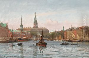 View from Copenhagen Habour with a view towards The Stock Exchange and Christiansborg Palace. by Vilhelm Arnesen