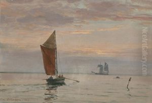 Sailing ships in the Sound at sunset.