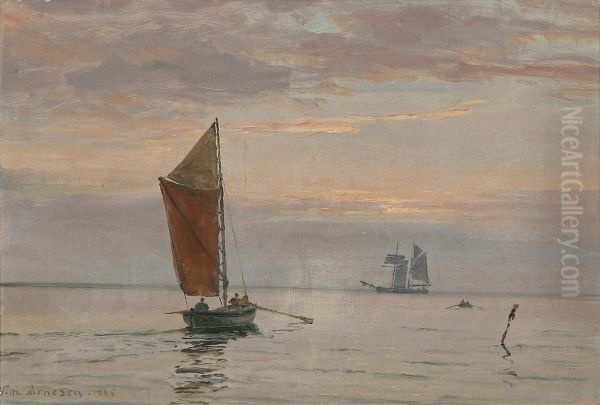 Marine med sejlskibe en stille dag pa Sundet. - view 1