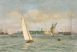 View of the port of Copenhagen with Holmen. by Vilhelm Arnesen