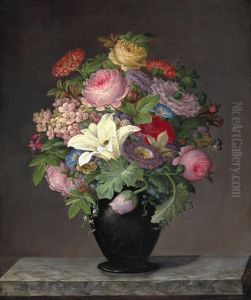 Flowers in a vase on a ledge. by Princess Auguste of Hessen-Kassel