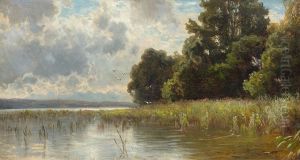 Riverside landscape with trees by Friedrich Voltz