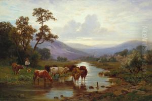 Harz landscape with herd of cows at the watering trough
