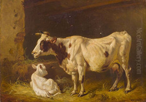 Cow with calf in stall Cow with calf in stall